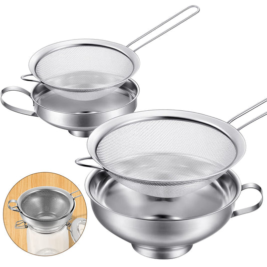4 Pieces Stainless Steel Funnels with Fine Mesh Strainer, Canning Funnels for Narrow Wide Food Grade 1.4 Inch/2.3 Inch Stainless Steel Funnel with Strainersl for Spices, Juices, Powders(Silver)