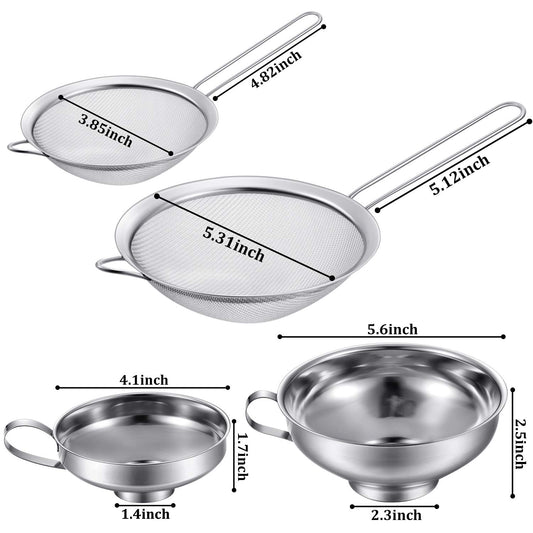 4 Pieces Stainless Steel Funnels with Fine Mesh Strainer, Canning Funnels for Narrow Wide Food Grade 1.4 Inch/2.3 Inch Stainless Steel Funnel with Strainersl for Spices, Juices, Powders(Silver)