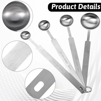 4 Pcs Long Handle Measuring Spoons Set Stainless Steel Measuring Spoon Set Metal Coffee Scoop Tablespoon Teaspoon for Liquid Solid Powder Ingredients (1/4 tsp, 1/2 tsp, 1 tsp, 1 tbsp)