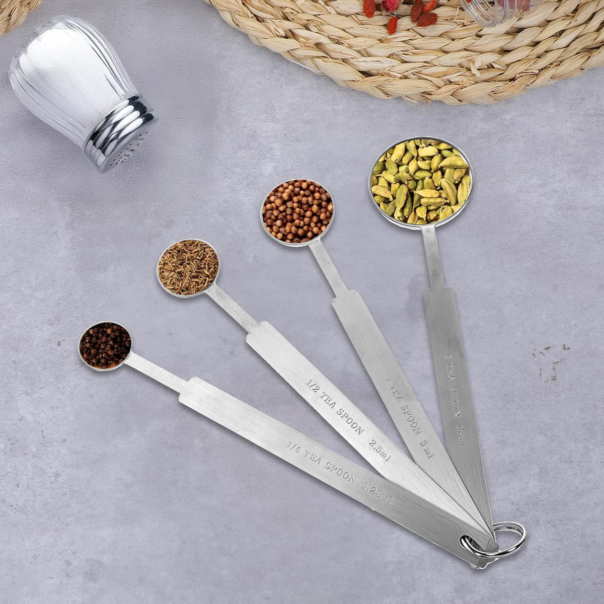 4 Pcs Long Handle Measuring Spoons Set Stainless Steel Measuring Spoon Set Metal Coffee Scoop Tablespoon Teaspoon for Liquid Solid Powder Ingredients (1/4 tsp, 1/2 tsp, 1 tsp, 1 tbsp)