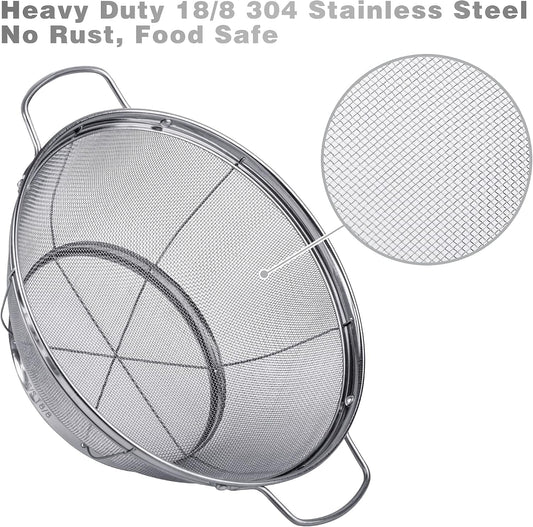 3 Pack 18/8 Stainless Steel Colander Sieves(5-Quart, 4-Quart and 3-Quart), Mesh Strainer Net Baskets with Handles & Resting Base for Strain, Drain, Rinse or Steam