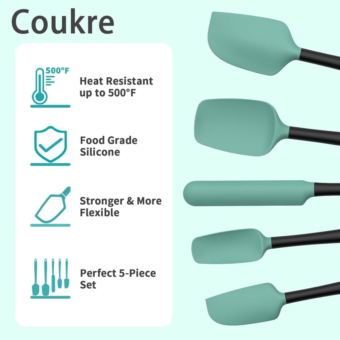 Silicone Spatula Set of 5,High Temperature Resistant, Food Grade Silicone, Dishwasher Safe, for Baking, Cooking (Aqua Green)