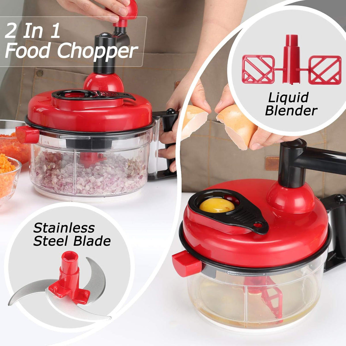 Manual Food Chopper Vegetable Chopper Hand Food Processor, Mixer, Blender, Whipper, Egg White Separator, Mincer, Grinder, Dicer with Clear Container 1200ml BPA Free Strong