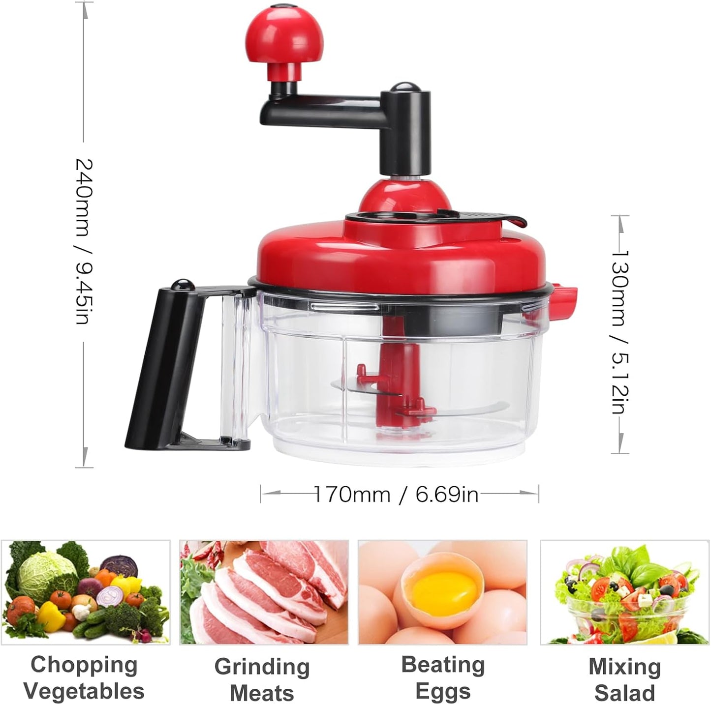 Manual Food Chopper Vegetable Chopper Hand Food Processor, Mixer, Blender, Whipper, Egg White Separator, Mincer, Grinder, Dicer with Clear Container 1200ml BPA Free Strong