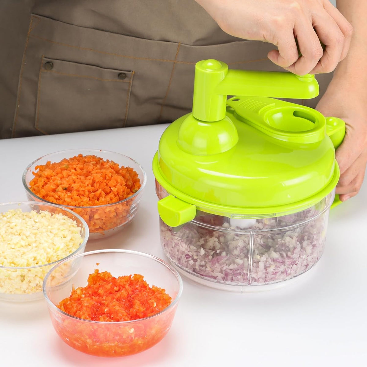 Manual Food Chopper Vegetable Chopper Hand Food Processor, Mixer, Blender, Whipper, Egg White Separator, Mincer, Grinder, Dicer with Clear Container 1200ml BPA Free Strong