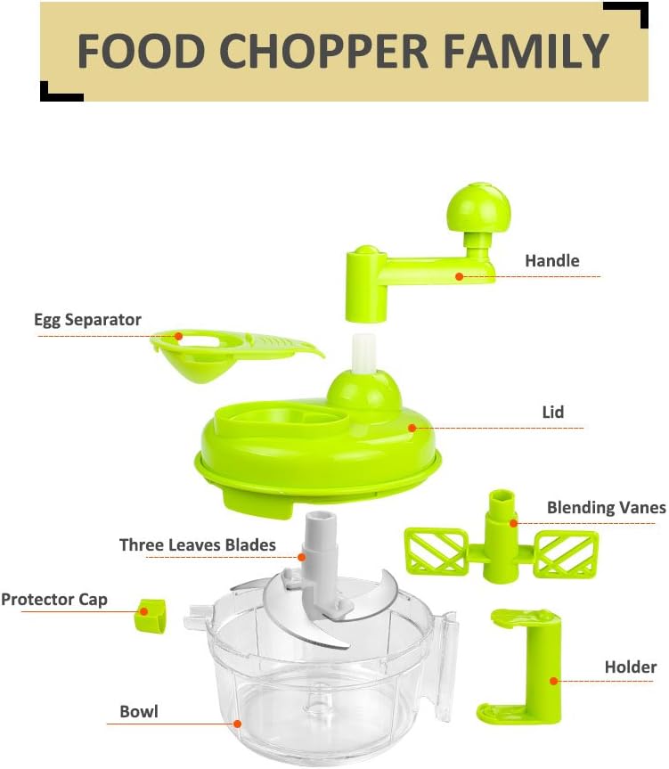 Manual Food Chopper Vegetable Chopper Hand Food Processor, Mixer, Blender, Whipper, Egg White Separator, Mincer, Grinder, Dicer with Clear Container 1200ml BPA Free Strong