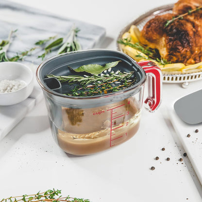 Fat Separator Gravy Strainer 4 Cup Fat Separating Measuring Cup with Lid for Cooking Gravy Broth Turkey Juices, Easy Clean Fat Skimmer Measuring Grease Gravy Boat Strainer for Meal Prep