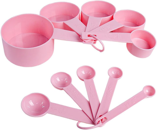 10pcs Measuring Cups and Spoons Set, BPA-Free Plastic Kitchen Baking Tools with Engraved Markings, Stackable Design for Dry & Liquid Ingredients (Pink)