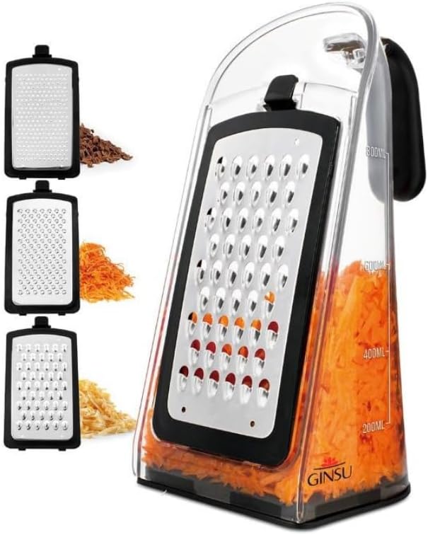 Plastic 3-in-1 Ergonomic Grater – 5x4x8in Multifunctional Cheese, Vegetable & Fruit Grater with Non-Slip Base and Comfortable Handle for Easy Kitchen Prep