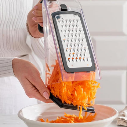 Plastic 3-in-1 Ergonomic Grater – 5x4x8in Multifunctional Cheese, Vegetable & Fruit Grater with Non-Slip Base and Comfortable Handle for Easy Kitchen Prep