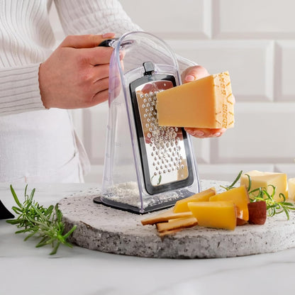 Plastic 3-in-1 Ergonomic Grater – 5x4x8in Multifunctional Cheese, Vegetable & Fruit Grater with Non-Slip Base and Comfortable Handle for Easy Kitchen Prep