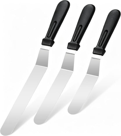3 PCS Icing Spatulas (6",8",10") Stainless Steel Cake Decorating Spatulas Set with Black Plastic Handle for Home,Kitchen or Bakery
