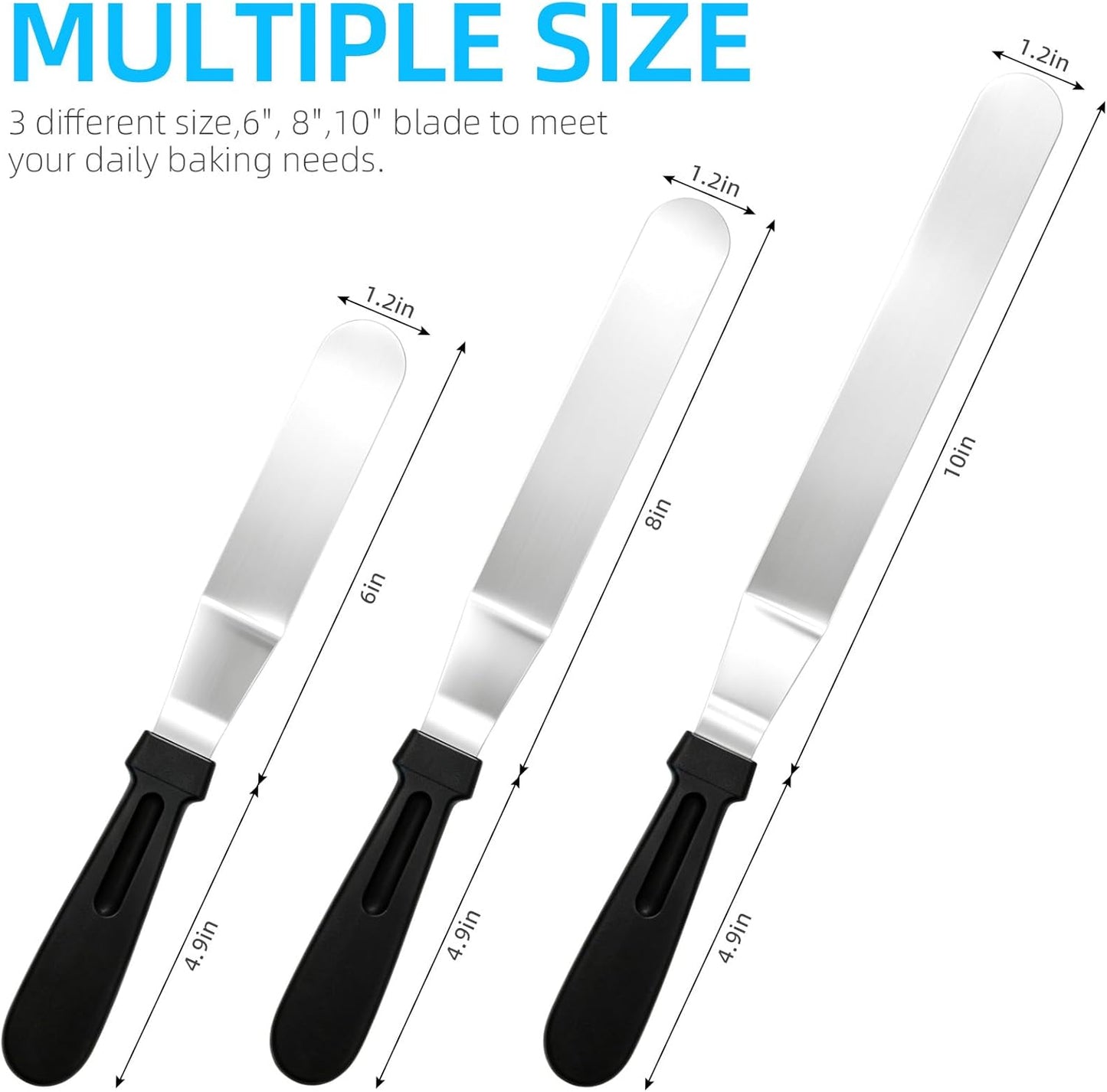 3 PCS Icing Spatulas (6",8",10") Stainless Steel Cake Decorating Spatulas Set with Black Plastic Handle for Home,Kitchen or Bakery