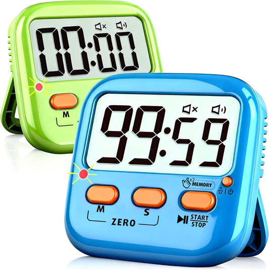2 Pack Digital Timer for Kids Teacher Classroom Kitchen Office | W/ AAA Battery, Out of the Box, Fast Reset, Memory, Loud Alarm, LED Mute Mode, Magnetic/Kickstand/Hanging, Count Up/Down