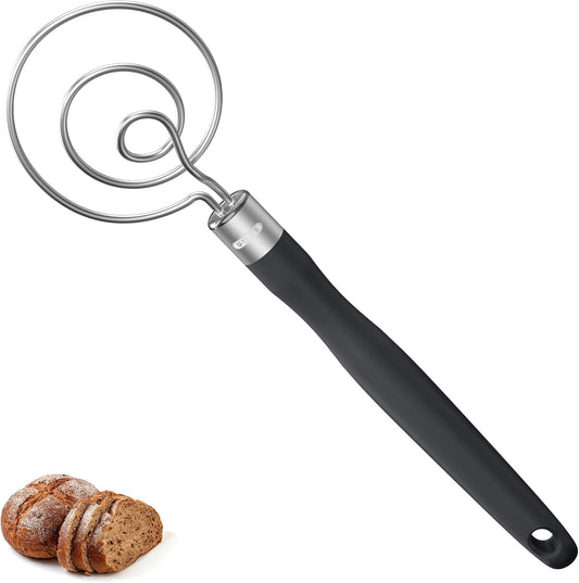 Danish Dough Whisk 18/8 Stainless Steel Sourdough Mixer, Black | 12.6in Long Handle Dutch Bread Wisk Tool, Food Grade Silicone & Epoxy, Rustproof Sturdy for Mixing/Stirring/Kneading Batter