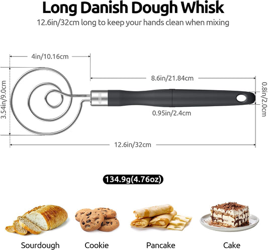 Danish Dough Whisk 18/8 Stainless Steel Sourdough Mixer, Black | 12.6in Long Handle Dutch Bread Wisk Tool, Food Grade Silicone & Epoxy, Rustproof Sturdy for Mixing/Stirring/Kneading Batter