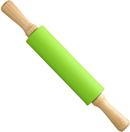 Green Rolling Pin, 9 Inch Silicon Rolling Pin with Wooden Handle for Kneading the Dough of Baking Bread, Pizza, Cookie, Noodles (green, 9 inch)