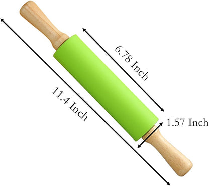 Green Rolling Pin, 9 Inch Silicon Rolling Pin with Wooden Handle for Kneading the Dough of Baking Bread, Pizza, Cookie, Noodles (green, 9 inch)