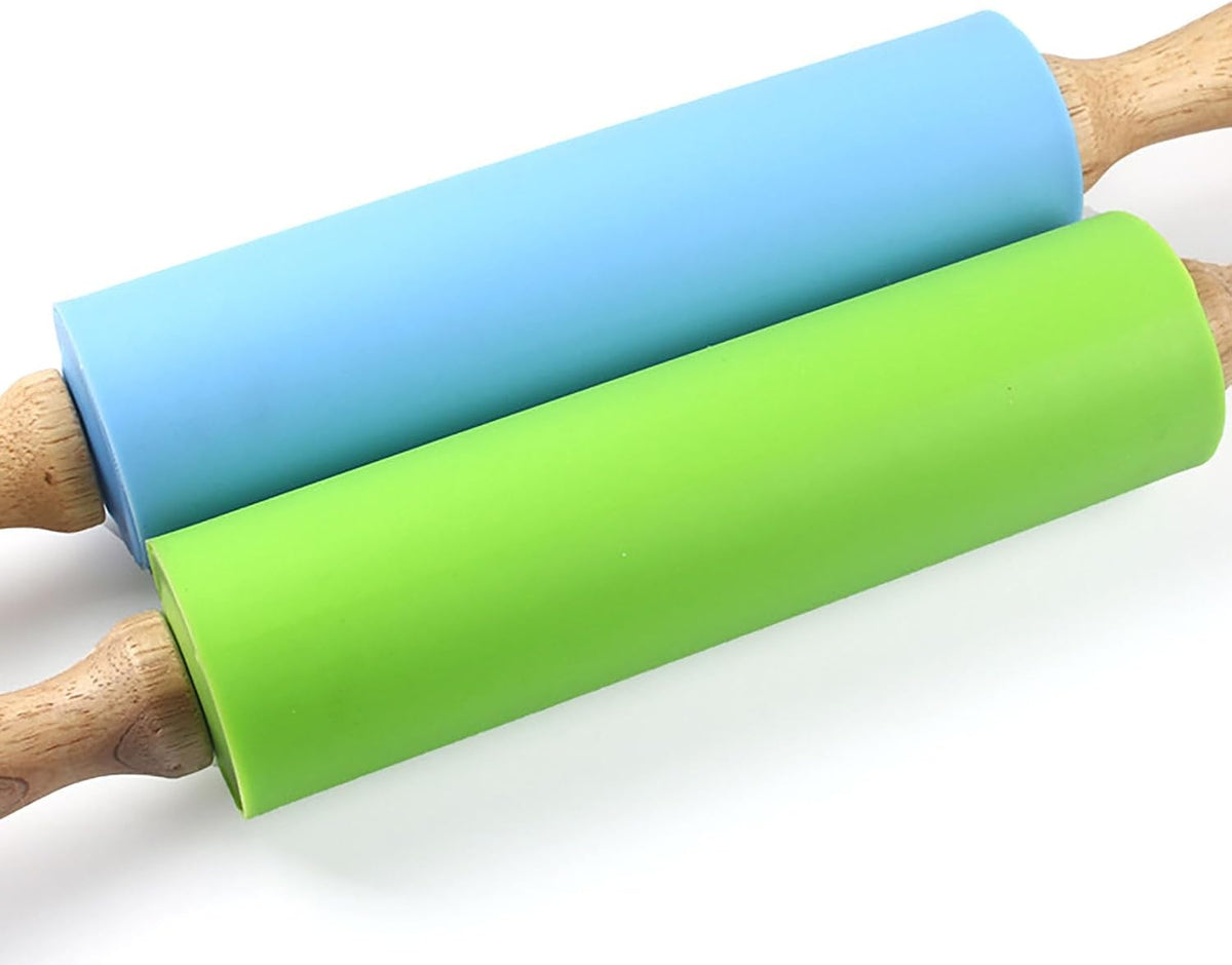 Green Rolling Pin, 9 Inch Silicon Rolling Pin with Wooden Handle for Kneading the Dough of Baking Bread, Pizza, Cookie, Noodles (green, 9 inch)