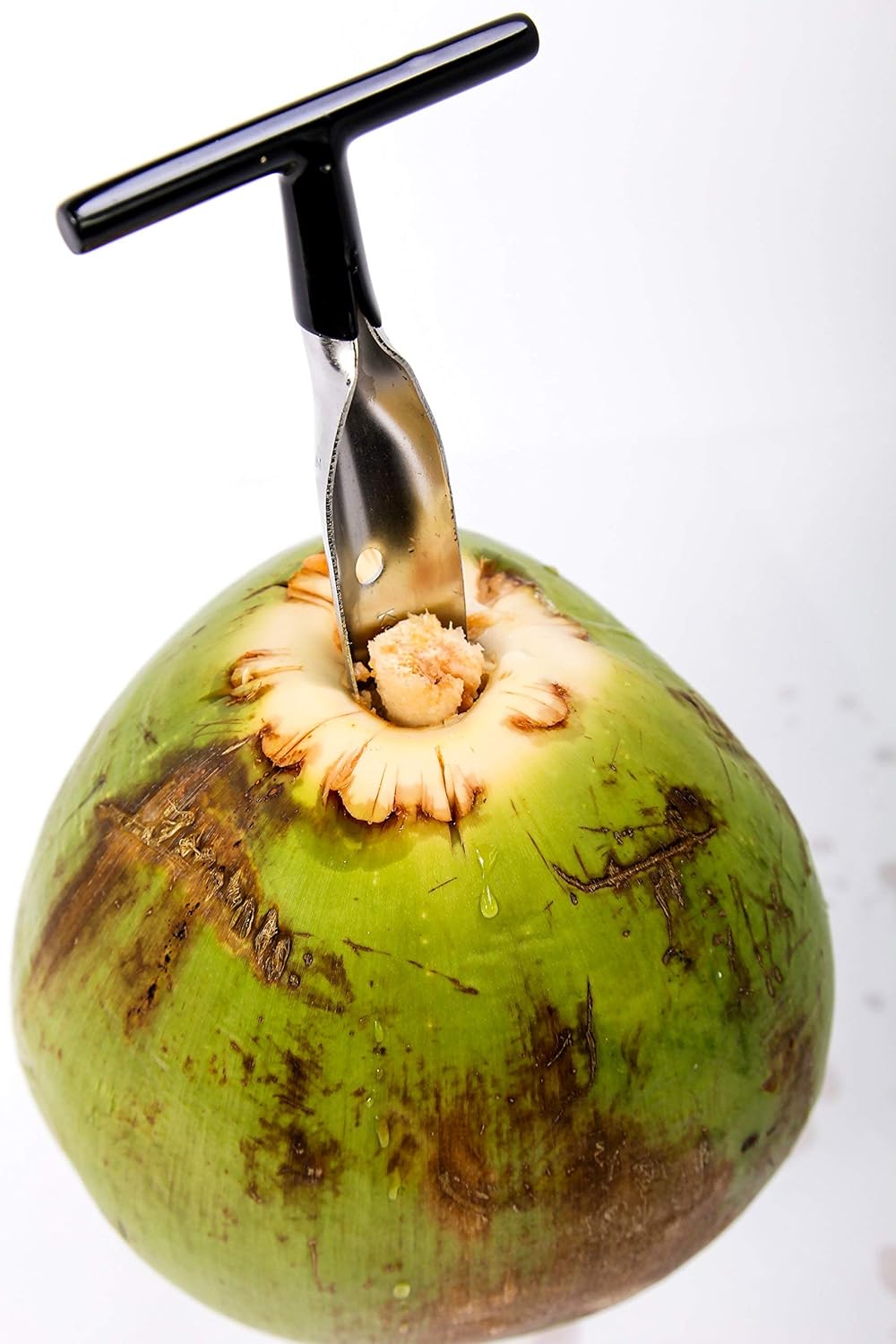 Coconut Opener Tool for Fresh GREEN Young Fruit Black Rubber Handle EZ Easy Grip SAFE + 4 Stainless Steel Drinking Straws (1 CocoMon + 4 Straws)