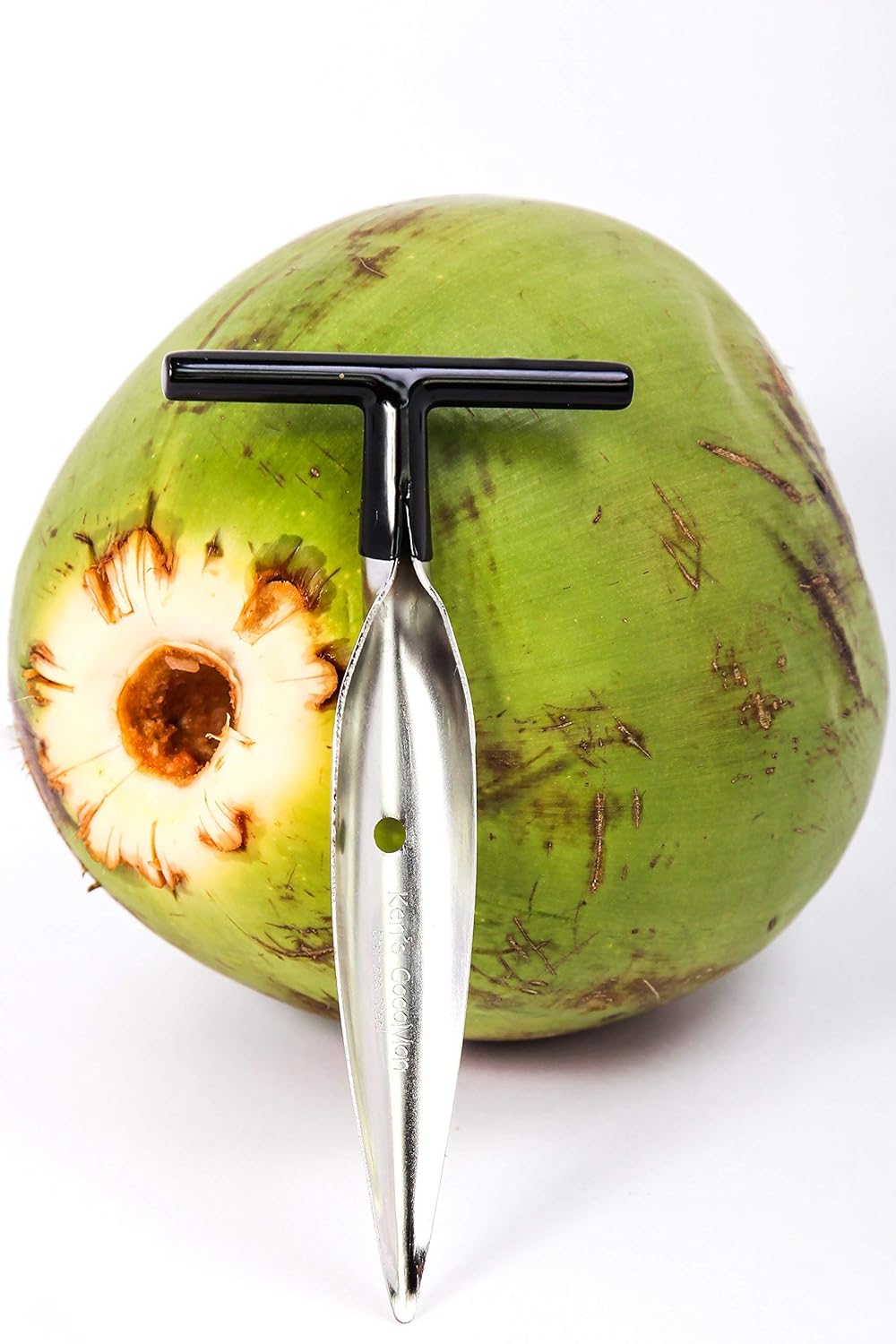 Coconut Opener Tool for Fresh GREEN Young Fruit Black Rubber Handle EZ Easy Grip SAFE + 4 Stainless Steel Drinking Straws (1 CocoMon + 4 Straws)