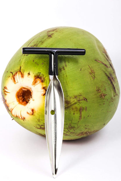 Coconut Opener Tool for Fresh GREEN Young Fruit Black Rubber Handle EZ Easy Grip SAFE + 4 Stainless Steel Drinking Straws (1 CocoMon + 4 Straws)