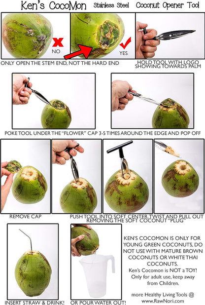 Coconut Opener Tool for Fresh GREEN Young Fruit Black Rubber Handle EZ Easy Grip SAFE + 4 Stainless Steel Drinking Straws (1 CocoMon + 4 Straws)