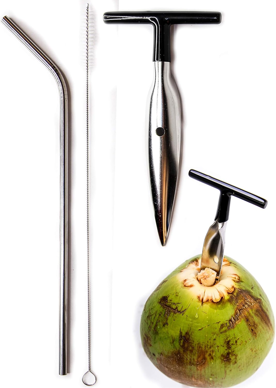 Coconut Opener Tool for Fresh GREEN Young Fruit Black Rubber Handle EZ Easy Grip SAFE + 4 Stainless Steel Drinking Straws (1 CocoMon + 4 Straws)