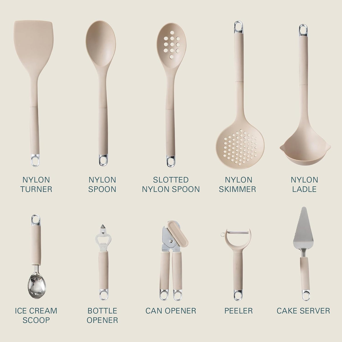 Gibson Home 20-Piece Kitchen Gadget & Tool Set – Nylon Cooking Utensils Spatulas, Ladle, Skimmer, Serving Spoons, Measuring Cups & Spoons, Can Opener, Peeler, Ice Cream Scoop & More