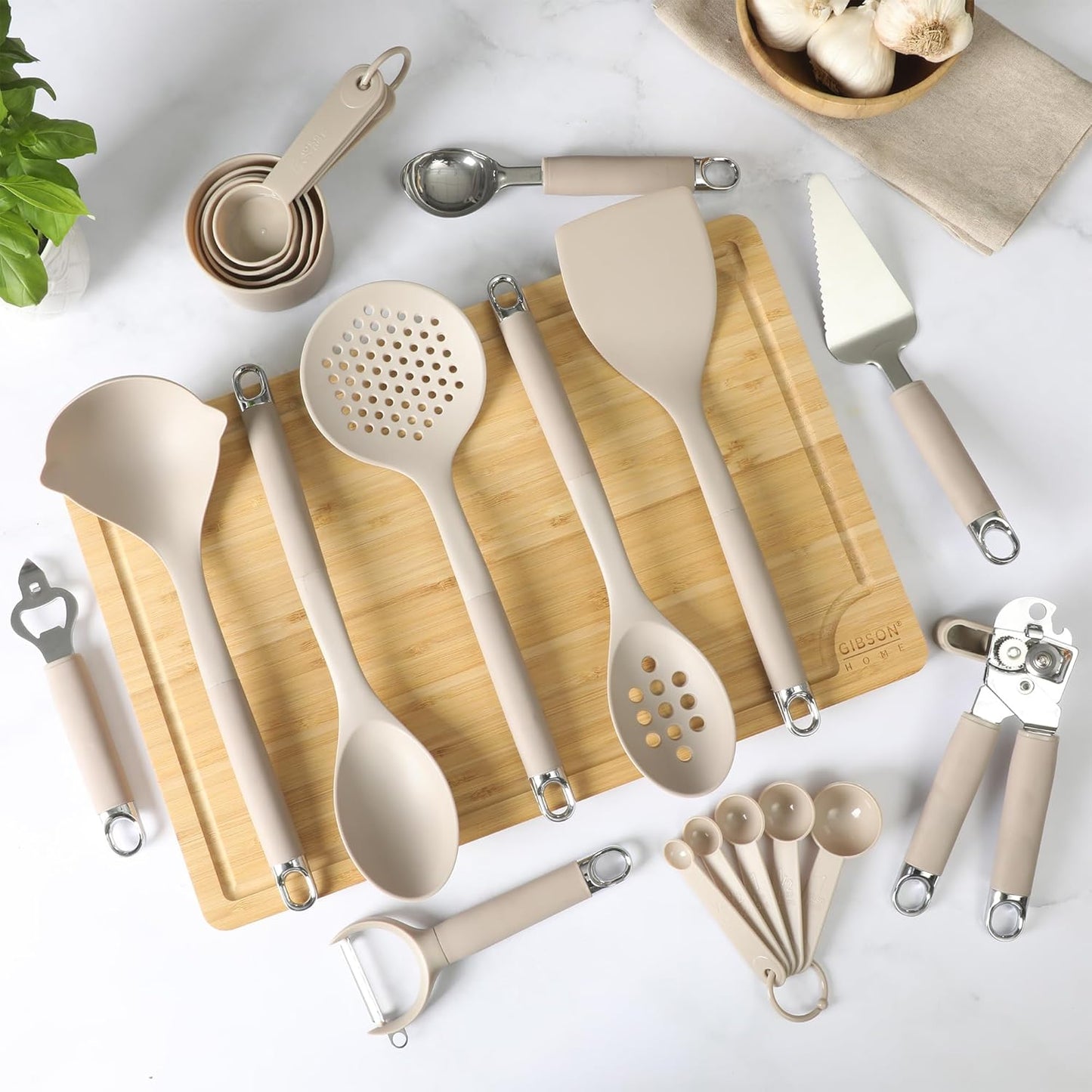 Gibson Home 20-Piece Kitchen Gadget & Tool Set – Nylon Cooking Utensils Spatulas, Ladle, Skimmer, Serving Spoons, Measuring Cups & Spoons, Can Opener, Peeler, Ice Cream Scoop & More