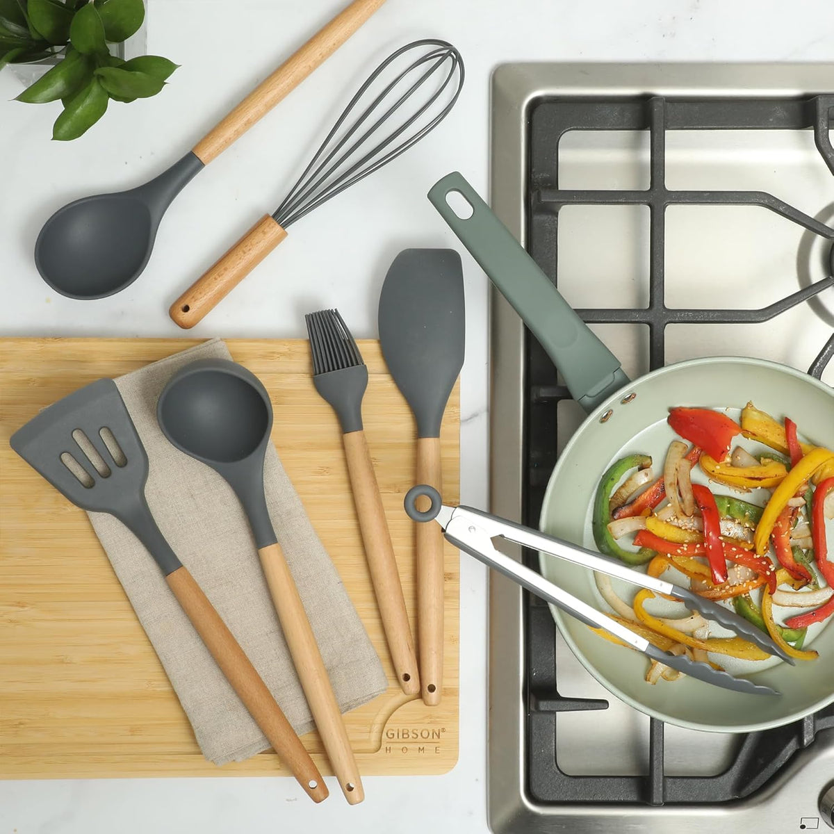 Gibson Home 20-Piece Kitchen Gadget & Tool Set – Nylon Cooking Utensils Spatulas, Ladle, Skimmer, Serving Spoons, Measuring Cups & Spoons, Can Opener, Peeler, Ice Cream Scoop & More
