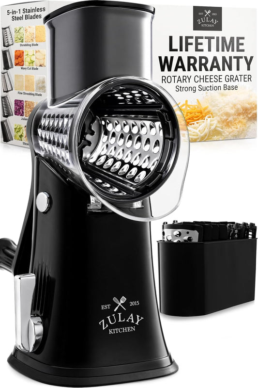Rotary Cheese Grater 5 Blade Cheese Shredder - Manual Hand Crank Cheese Grater With Reinforced Suction & 5 Interchangeable Drums - Easy to Use, Vegetable Chopper Round Mandoline Slicer - Colors A