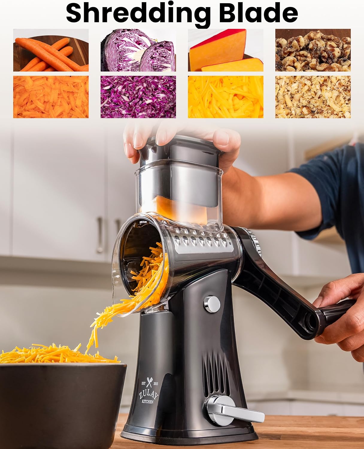 Rotary Cheese Grater 5 Blade Cheese Shredder - Manual Hand Crank Cheese Grater With Reinforced Suction & 5 Interchangeable Drums - Easy to Use, Vegetable Chopper Round Mandoline Slicer - Colors A