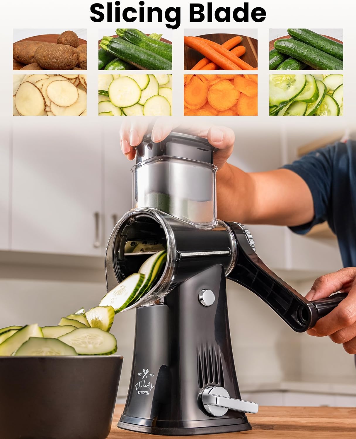 Rotary Cheese Grater 5 Blade Cheese Shredder - Manual Hand Crank Cheese Grater With Reinforced Suction & 5 Interchangeable Drums - Easy to Use, Vegetable Chopper Round Mandoline Slicer - Colors A