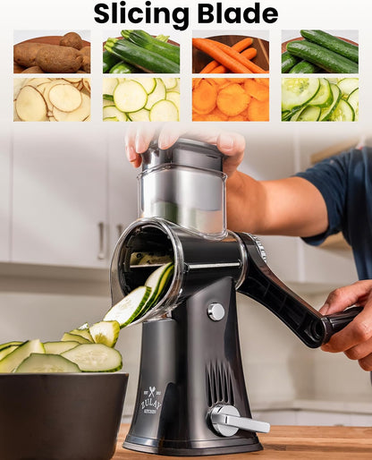 Rotary Cheese Grater 5 Blade Cheese Shredder - Manual Hand Crank Cheese Grater With Reinforced Suction & 5 Interchangeable Drums - Easy to Use, Vegetable Chopper Round Mandoline Slicer - Colors A