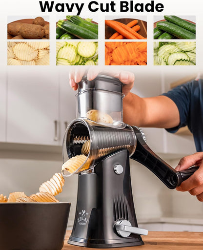 Rotary Cheese Grater 5 Blade Cheese Shredder - Manual Hand Crank Cheese Grater With Reinforced Suction & 5 Interchangeable Drums - Easy to Use, Vegetable Chopper Round Mandoline Slicer - Colors A