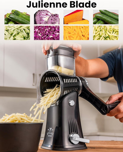 Rotary Cheese Grater 5 Blade Cheese Shredder - Manual Hand Crank Cheese Grater With Reinforced Suction & 5 Interchangeable Drums - Easy to Use, Vegetable Chopper Round Mandoline Slicer - Colors A