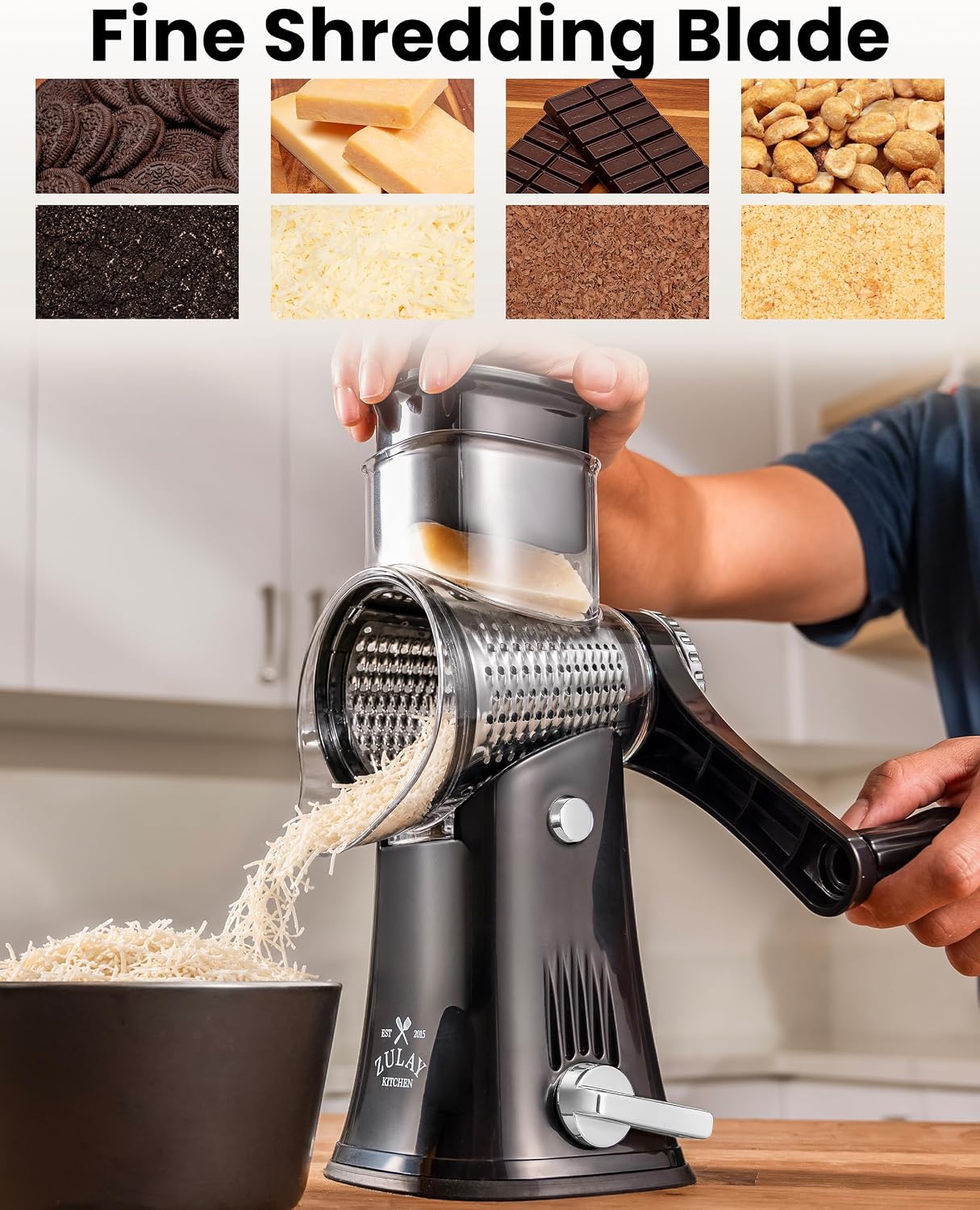 Rotary Cheese Grater 5 Blade Cheese Shredder - Manual Hand Crank Cheese Grater With Reinforced Suction & 5 Interchangeable Drums - Easy to Use, Vegetable Chopper Round Mandoline Slicer - Colors A