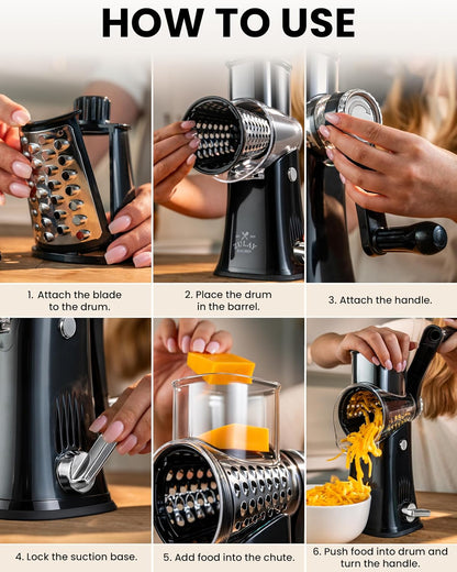 Rotary Cheese Grater 5 Blade Cheese Shredder - Manual Hand Crank Cheese Grater With Reinforced Suction & 5 Interchangeable Drums - Easy to Use, Vegetable Chopper Round Mandoline Slicer - Colors A