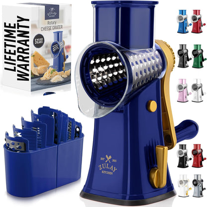 Rotary Cheese Grater 5 Blade Cheese Shredder - Manual Hand Crank Cheese Grater With Reinforced Suction & 5 Interchangeable Drums - Easy to Use, Vegetable Chopper Round Mandoline Slicer - Colors A