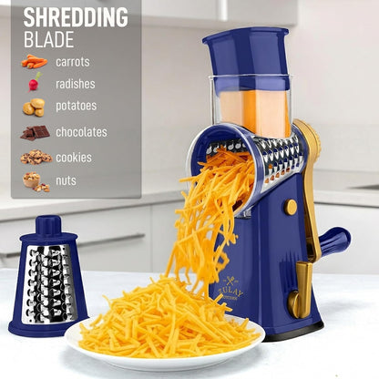 Rotary Cheese Grater 5 Blade Cheese Shredder - Manual Hand Crank Cheese Grater With Reinforced Suction & 5 Interchangeable Drums - Easy to Use, Vegetable Chopper Round Mandoline Slicer - Colors A