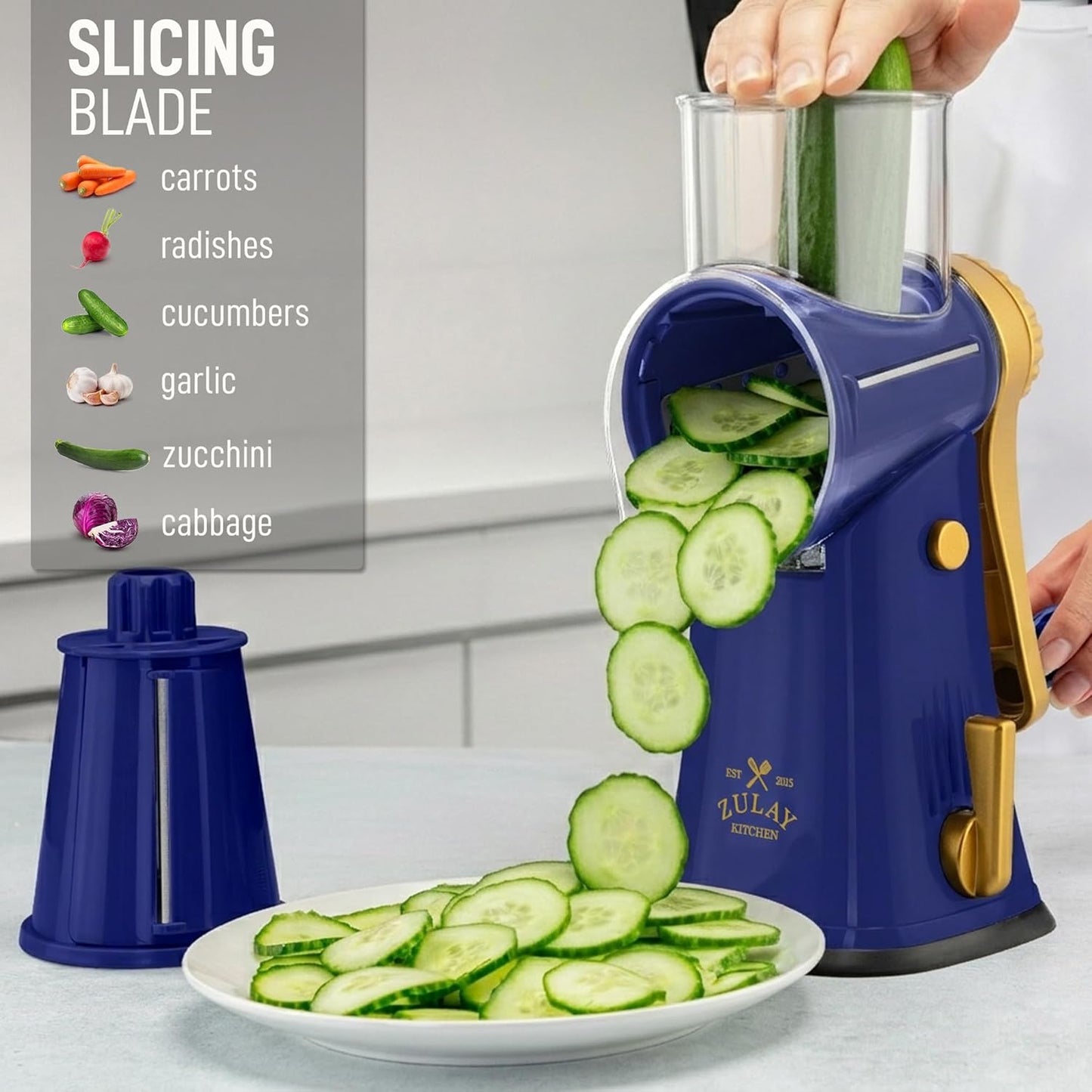 Rotary Cheese Grater 5 Blade Cheese Shredder - Manual Hand Crank Cheese Grater With Reinforced Suction & 5 Interchangeable Drums - Easy to Use, Vegetable Chopper Round Mandoline Slicer - Colors A