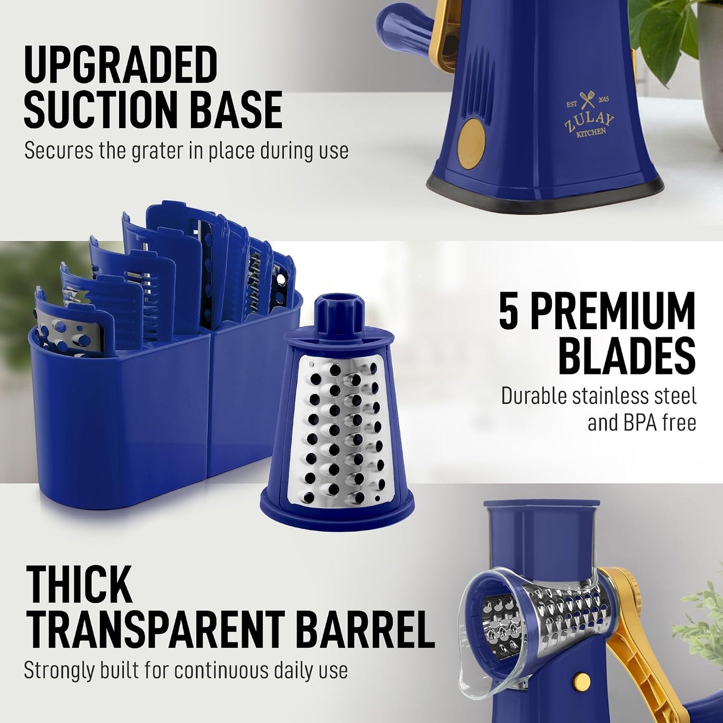 Rotary Cheese Grater 5 Blade Cheese Shredder - Manual Hand Crank Cheese Grater With Reinforced Suction & 5 Interchangeable Drums - Easy to Use, Vegetable Chopper Round Mandoline Slicer - Colors A