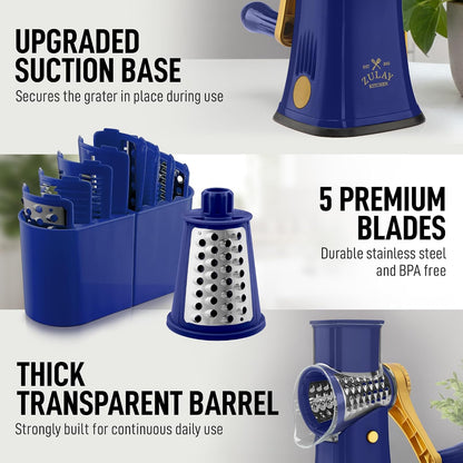 Rotary Cheese Grater 5 Blade Cheese Shredder - Manual Hand Crank Cheese Grater With Reinforced Suction & 5 Interchangeable Drums - Easy to Use, Vegetable Chopper Round Mandoline Slicer - Colors A