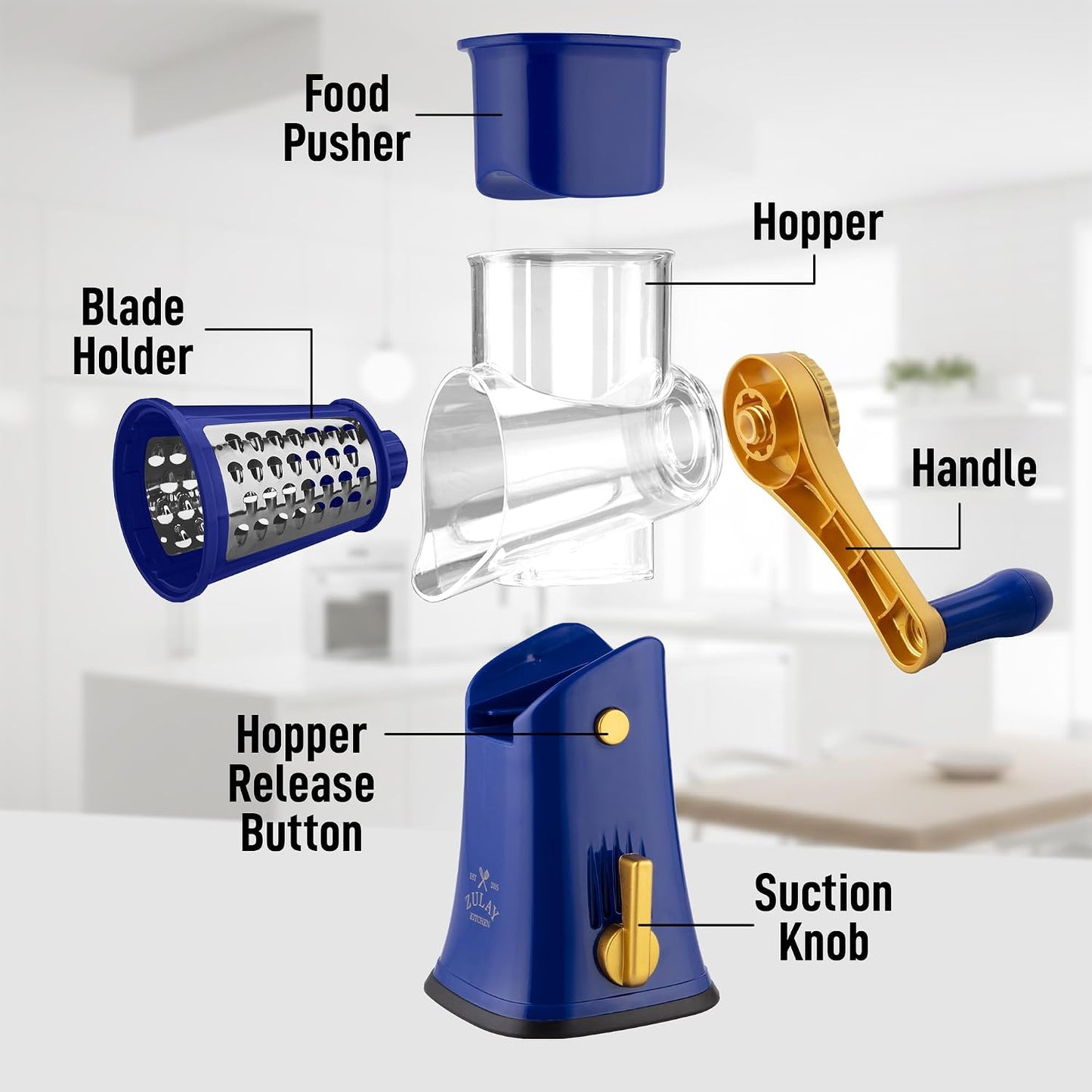 Rotary Cheese Grater 5 Blade Cheese Shredder - Manual Hand Crank Cheese Grater With Reinforced Suction & 5 Interchangeable Drums - Easy to Use, Vegetable Chopper Round Mandoline Slicer - Colors A