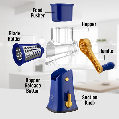 Rotary Cheese Grater 5 Blade Cheese Shredder - Manual Hand Crank Cheese Grater With Reinforced Suction & 5 Interchangeable Drums - Easy to Use, Vegetable Chopper Round Mandoline Slicer - Colors A