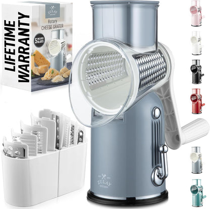Rotary Cheese Grater 5 Blade Cheese Shredder - Manual Hand Crank Cheese Grater With Reinforced Suction & 5 Interchangeable Drums - Easy to Use, Vegetable Chopper Round Mandoline Slicer - Colors A