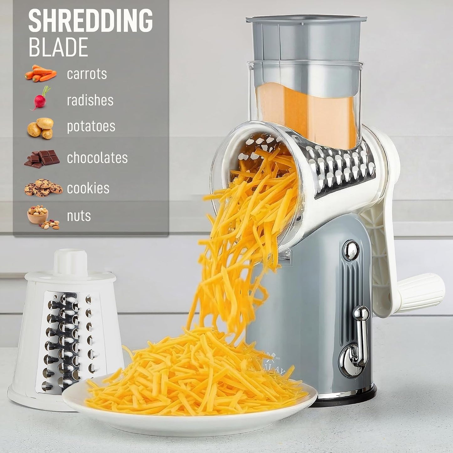 Rotary Cheese Grater 5 Blade Cheese Shredder - Manual Hand Crank Cheese Grater With Reinforced Suction & 5 Interchangeable Drums - Easy to Use, Vegetable Chopper Round Mandoline Slicer - Colors A