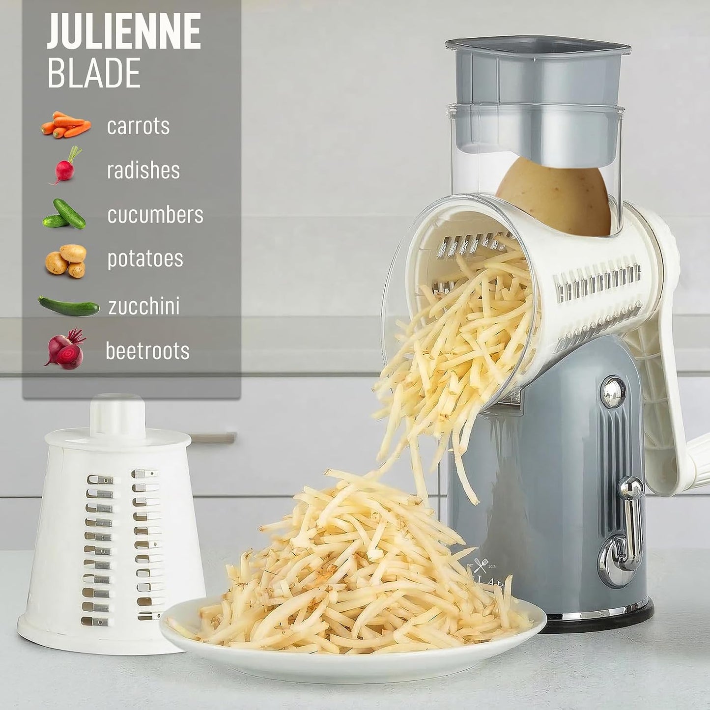 Rotary Cheese Grater 5 Blade Cheese Shredder - Manual Hand Crank Cheese Grater With Reinforced Suction & 5 Interchangeable Drums - Easy to Use, Vegetable Chopper Round Mandoline Slicer - Colors A