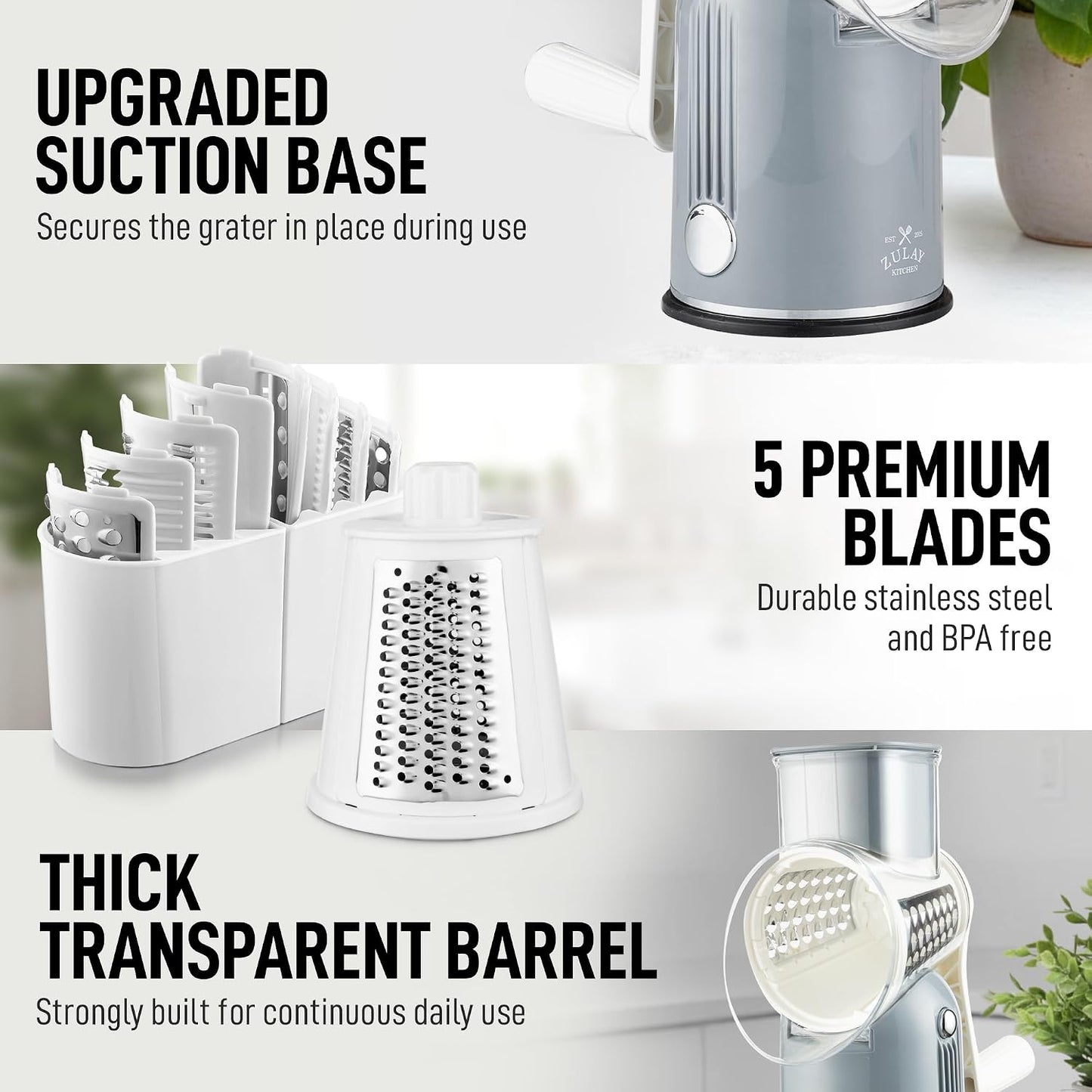 Rotary Cheese Grater 5 Blade Cheese Shredder - Manual Hand Crank Cheese Grater With Reinforced Suction & 5 Interchangeable Drums - Easy to Use, Vegetable Chopper Round Mandoline Slicer - Colors A